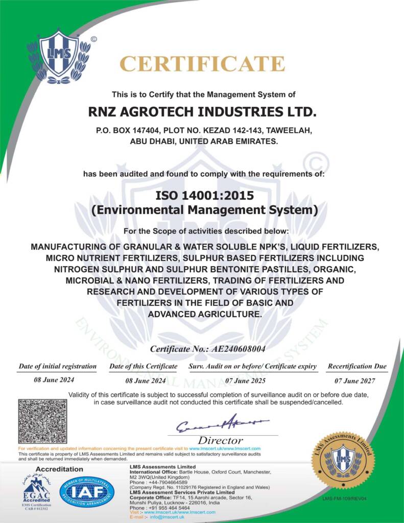 ISO 14001 Certificate RNZ AGROTECH Industries LTD 08 06 2024