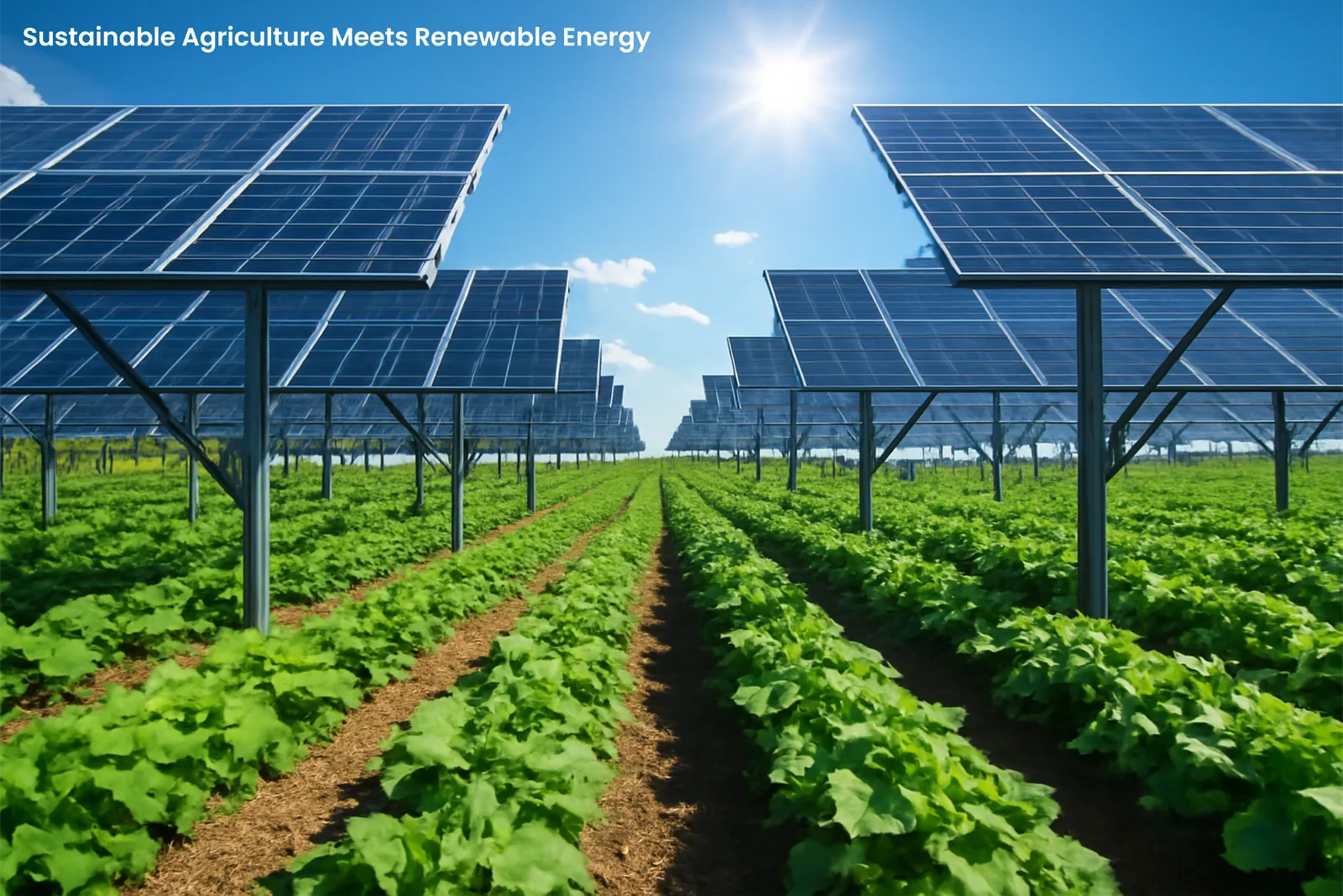 Agrivoltaic solar panels above crops on farmland